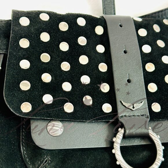 ZADIG & VOLTAIRE Kate Moss Studded Suede Crossbody/Shoulder Bag In Black NWT - Picture 12 of 13